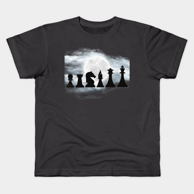 Chess pieces in moon and clouds. Kids T-Shirt by Milners